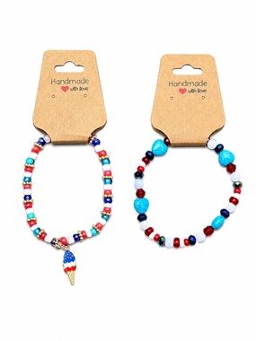 Handmade Patriotic Beaded Bracelet Set Ice Cream Heart 2 Piece